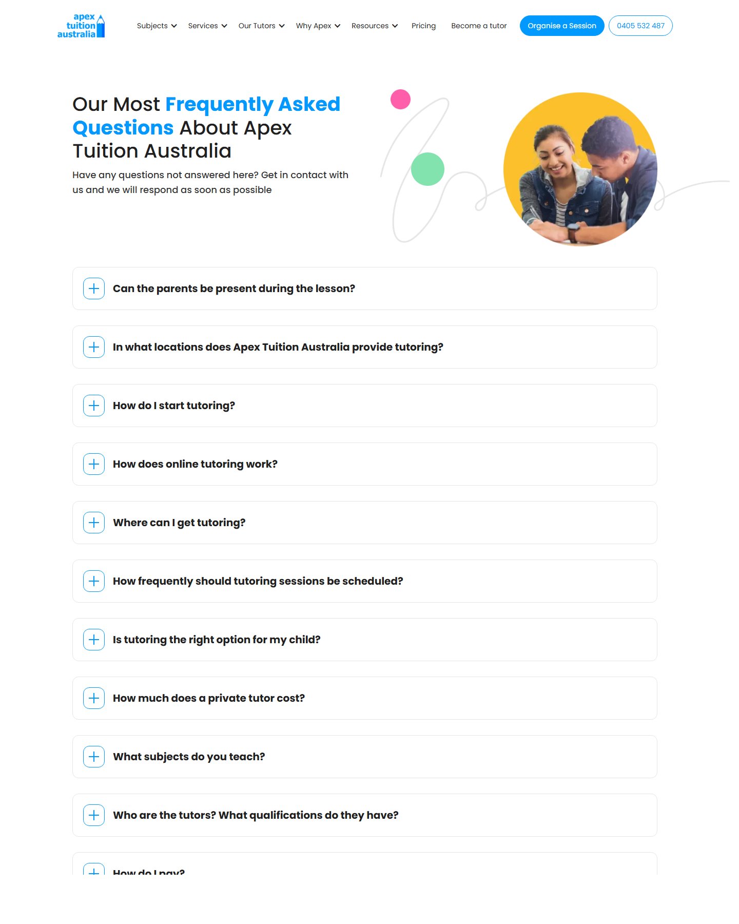 Webflow website screenshot from Apex Tuition Australia Private Tutoring Website, view 2
