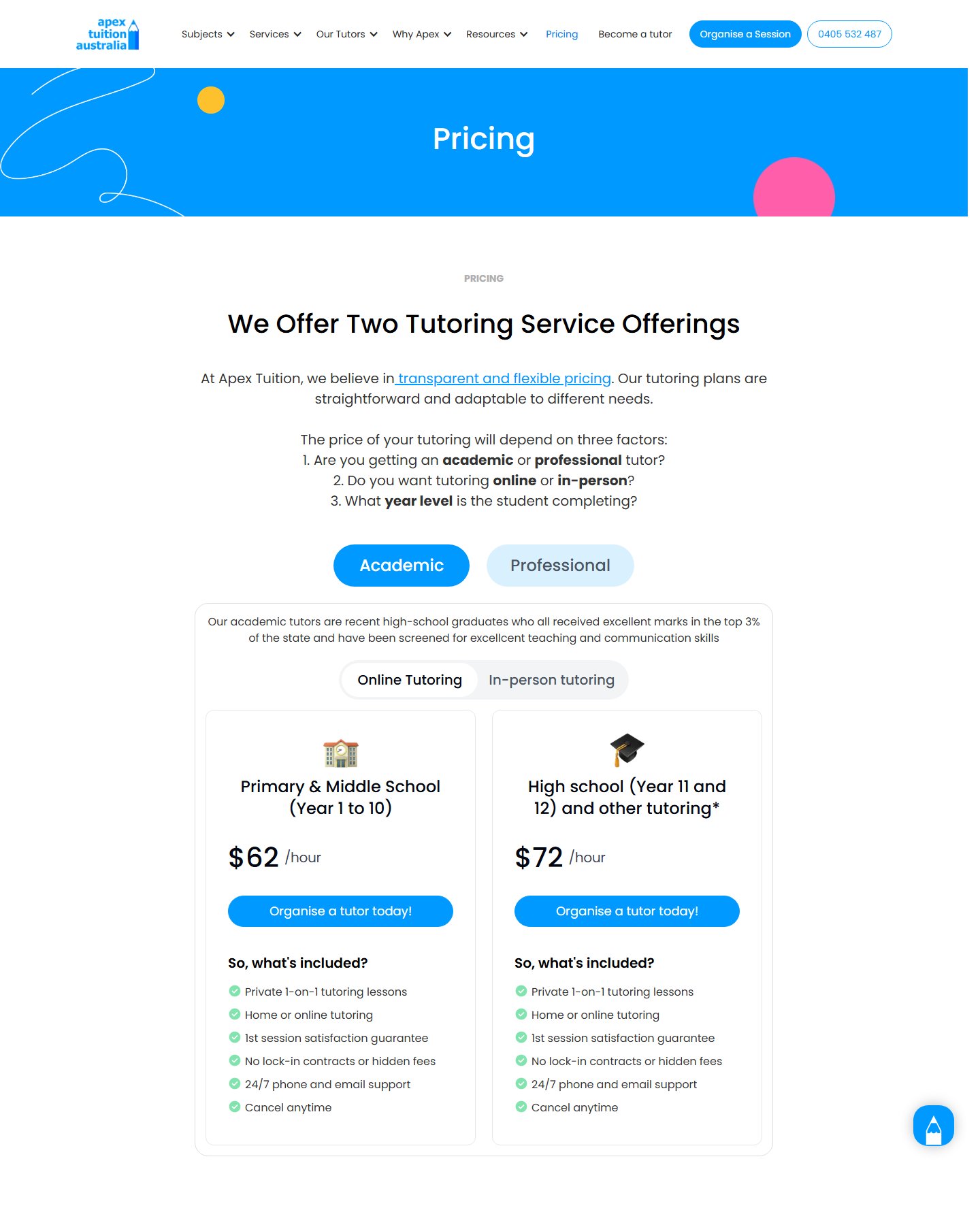 Webflow website screenshot from Apex Tuition Australia Private Tutoring Website, view 1