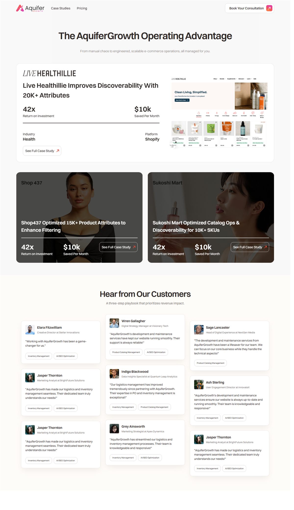 Webflow website screenshot from Aquifer Growth Commerce Operations and Discoverability Website, view 2
