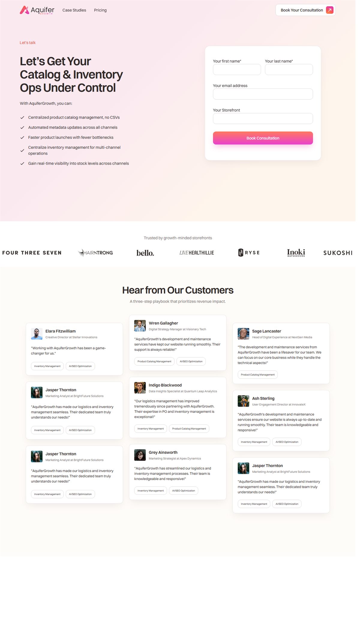 Webflow website screenshot from Aquifer Growth Commerce Operations and Discoverability Website, view 3