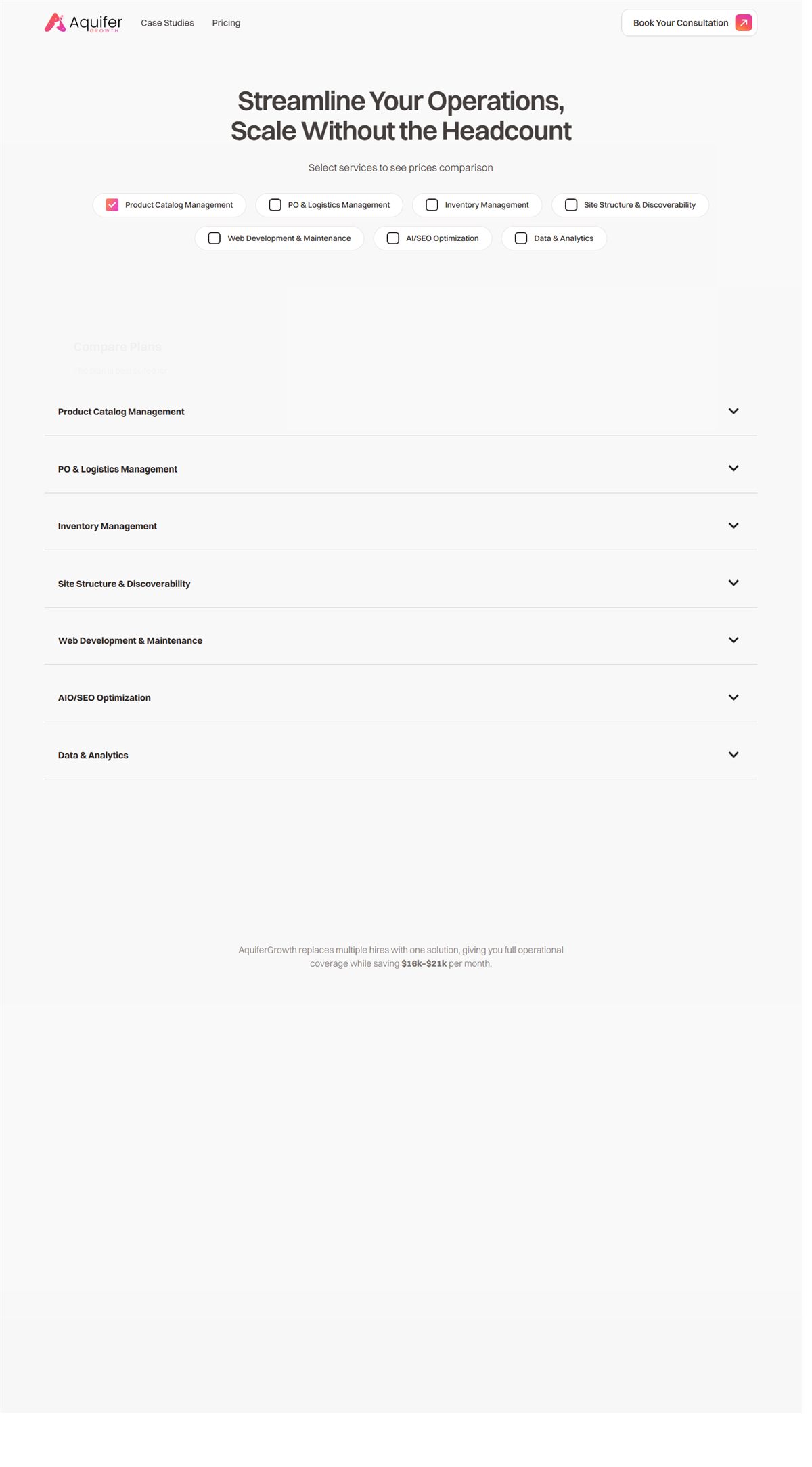 Webflow website screenshot from Aquifer Growth Commerce Operations and Discoverability Website, view 1