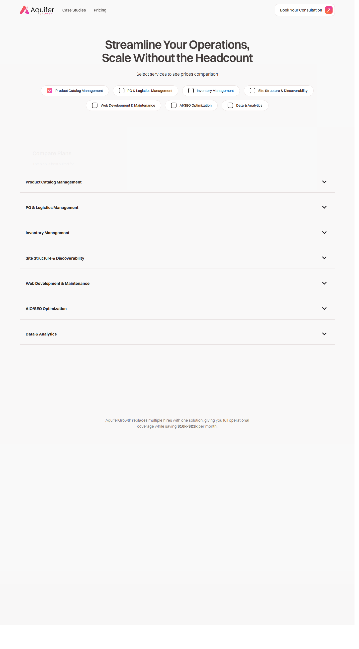 Webflow website screenshot from Aquifer Growth Commerce Operations and Discoverability Website, view 1