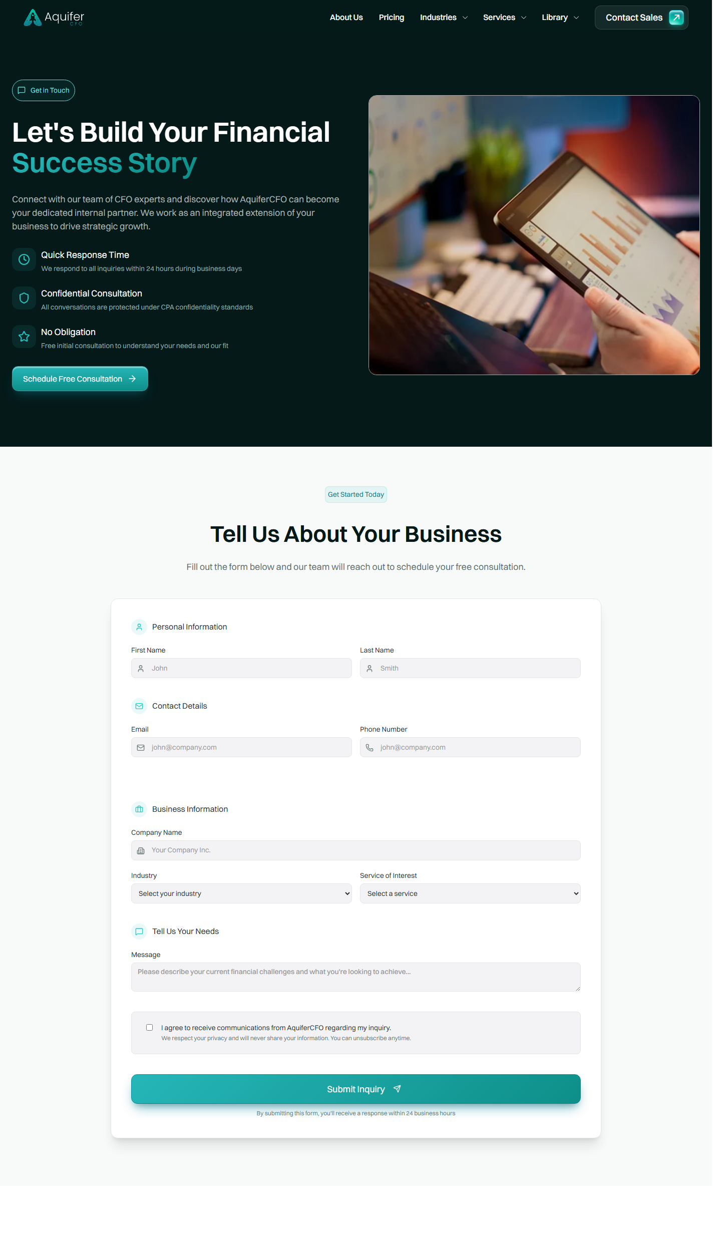 Webflow website screenshot from AquiferCFO Fractional CFO and Outsourced Finance Website, view 2