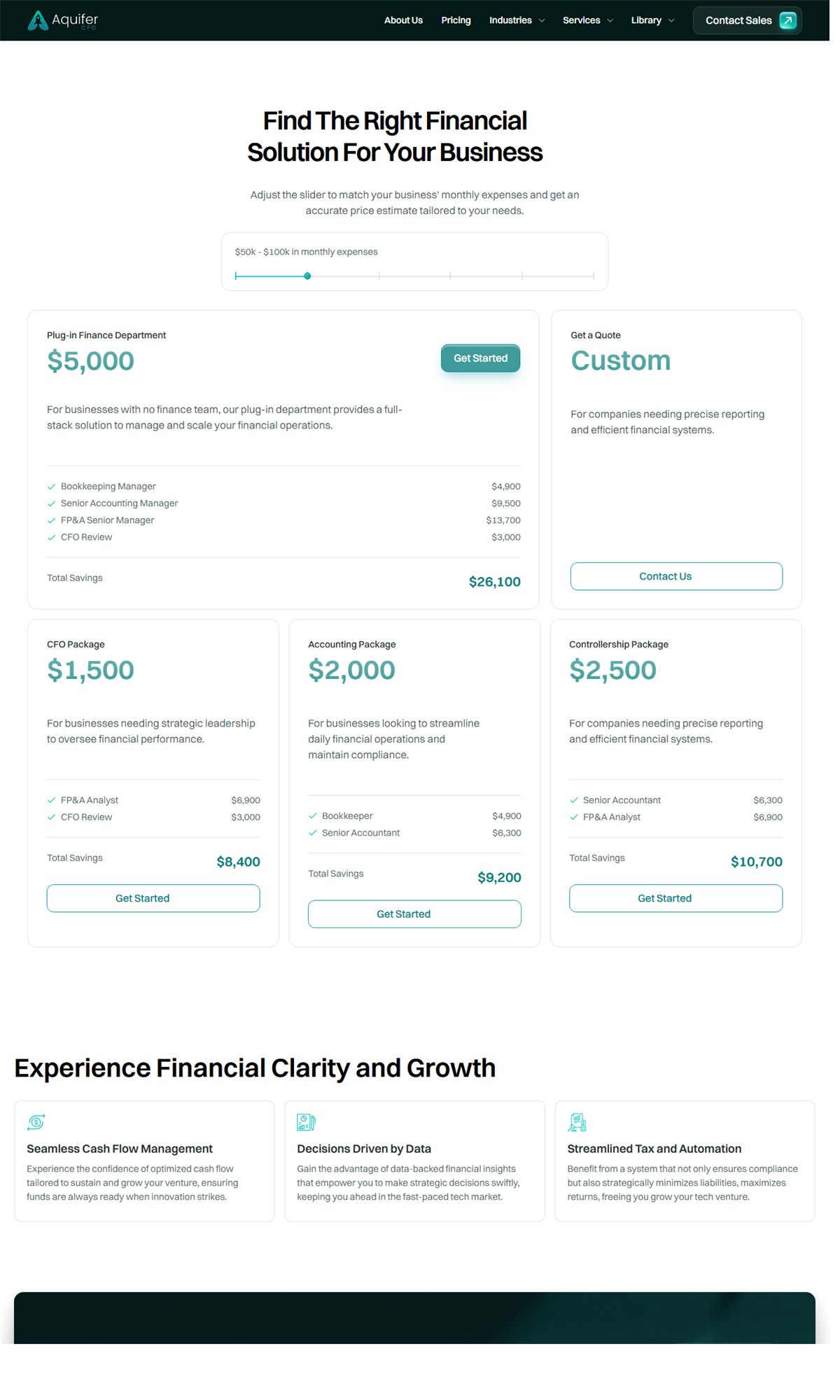 Webflow website screenshot from AquiferCFO Fractional CFO and Outsourced Finance Website, view 1