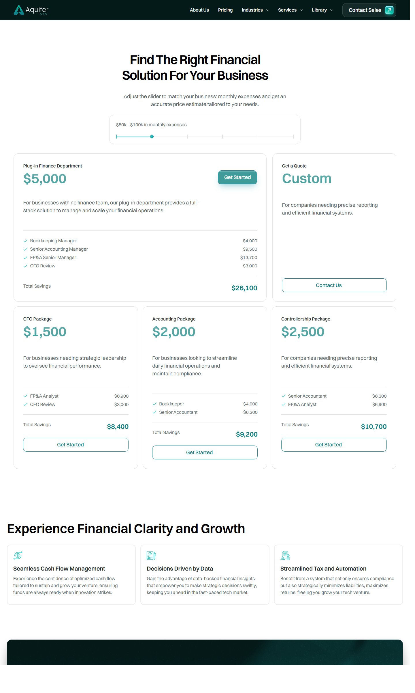 Webflow website screenshot from AquiferCFO Fractional CFO and Outsourced Finance Website, view 1