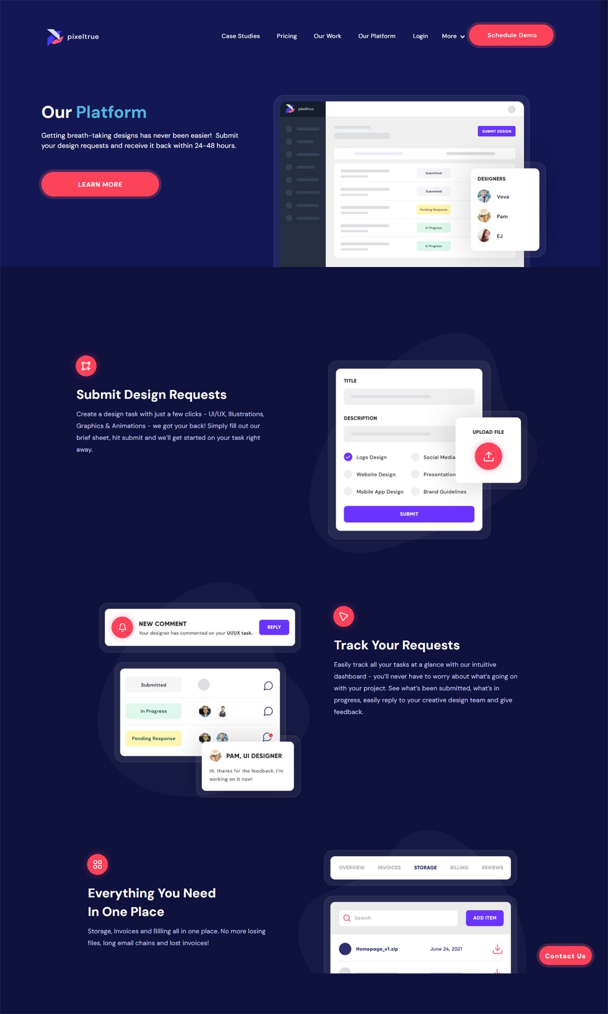 Webflow website screenshot from Pixeltrue Unlimited Design Subscription Website, view 2
