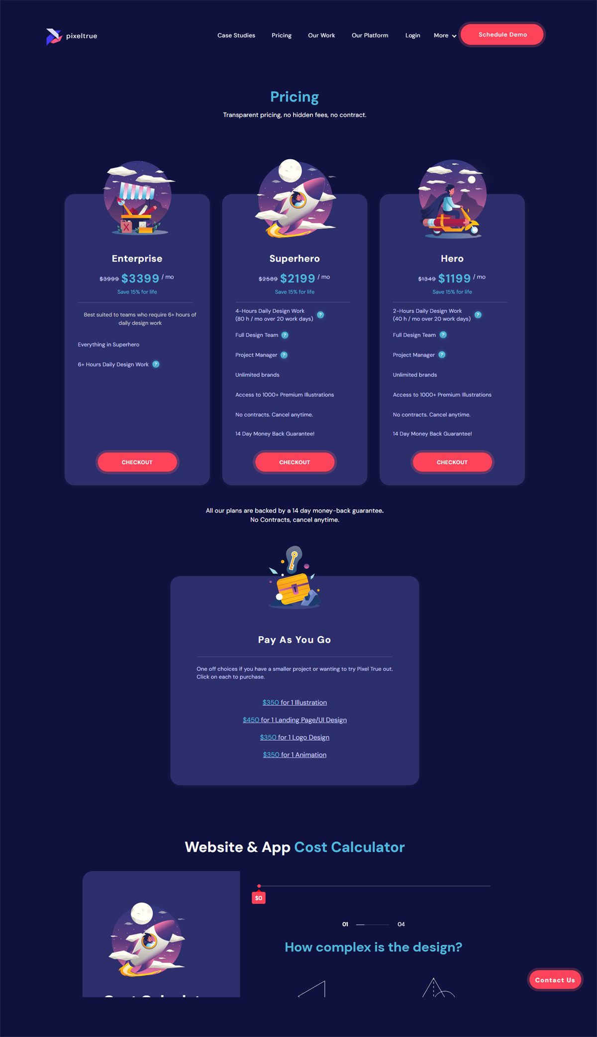 Webflow website screenshot from Pixeltrue Unlimited Design Subscription Website, view 1