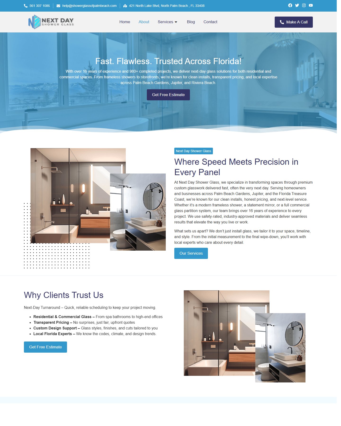 WordPress website screenshot from Next Day Shower Glass Residential and Commercial Glass Website, view 1