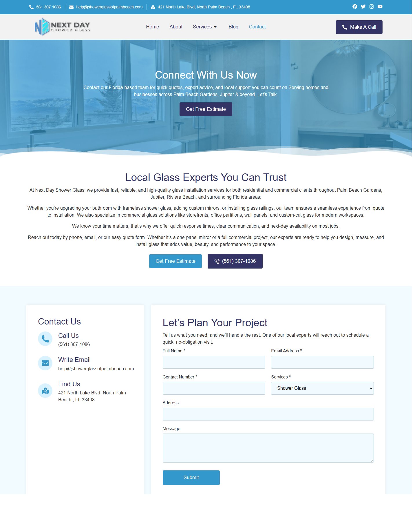 WordPress website screenshot from Next Day Shower Glass Residential and Commercial Glass Website, view 3