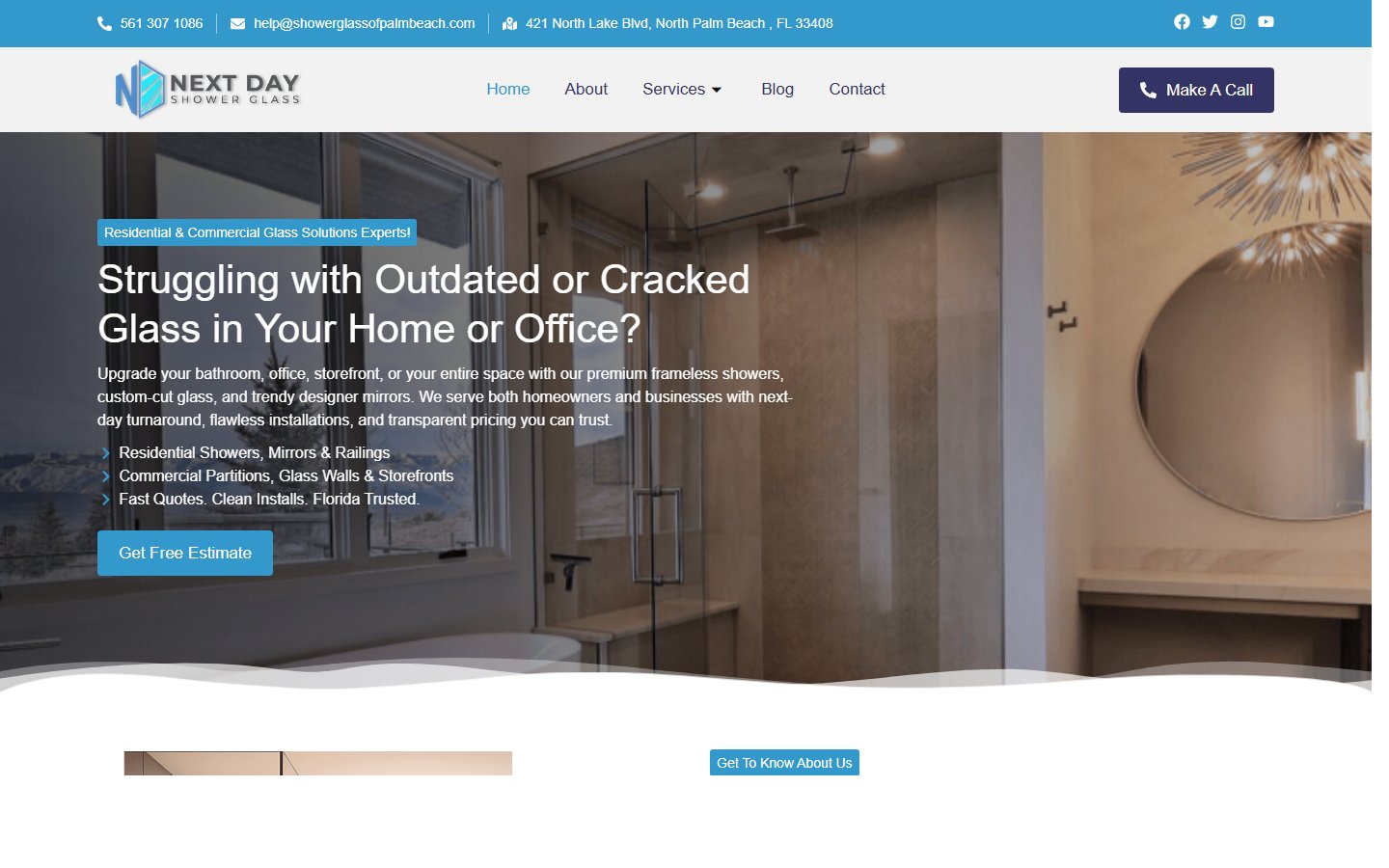 WordPress website case study for Next Day Shower Glass Residential and Commercial Glass Website