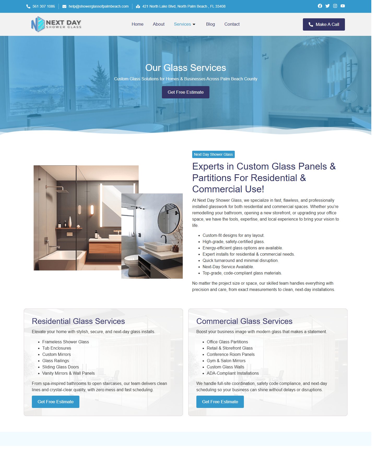 WordPress website screenshot from Next Day Shower Glass Residential and Commercial Glass Website, view 2