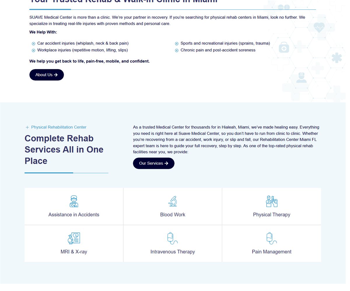 WordPress website screenshot from SuaveFlorida.com Medical Rehab Website for Miami and Hialeah, view 1